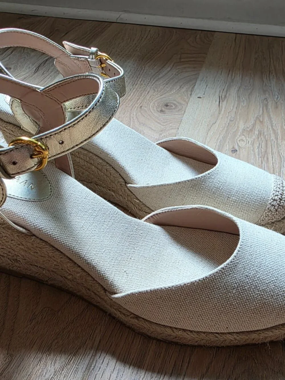 Cole Haan Grand.ØS Linen Espadrille Wedge Sandals Gold Ankle Strap 9.5